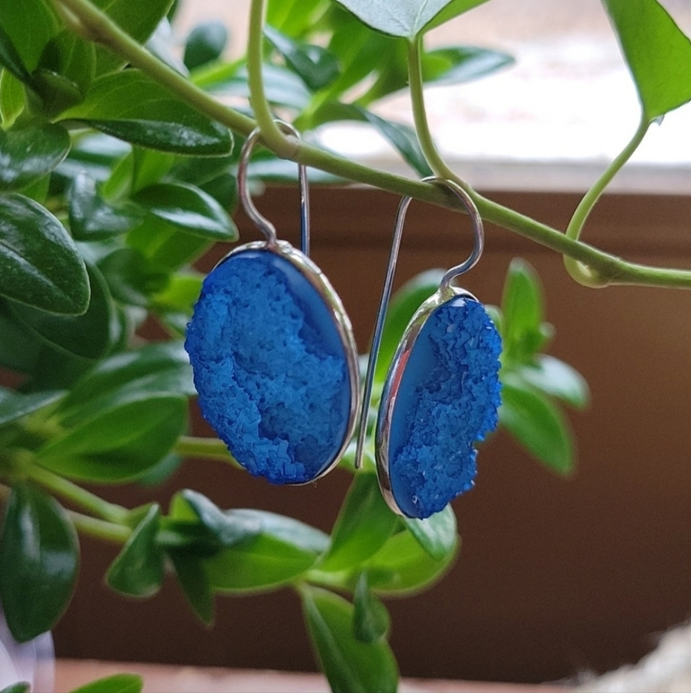 Lapis Blue Druzy Stone Silver Tone New Age Drop Wire Earrings - Picture 3 of 4